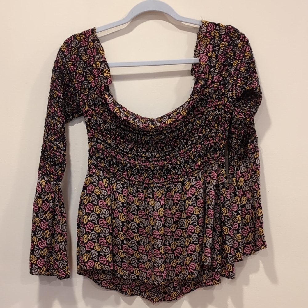 ALC Black and Pink Smocked Long Sleeve Blouse